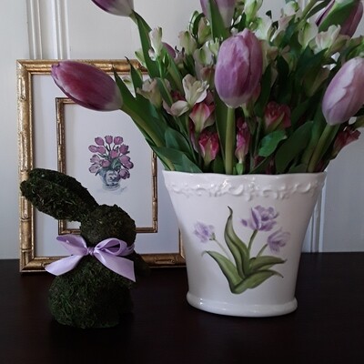 Vintage Porcelain Vase Decorated with Purple Tulips