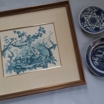 Vintage Framed and Matted Ethan Allen Blue and White Chinoiserie Print