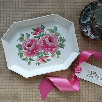 Vintage White Metal Toleware Tray with Pink Roses