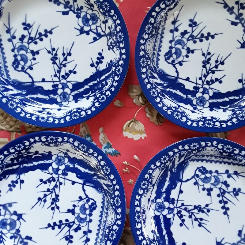 Vintage Blue and White Japanese Prunus  Blossom Porcelain Plates (Set of 4)