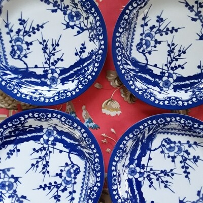 Vintage Blue and White Japanese Prunus  Blossom Porcelain Plates (Set of 4)