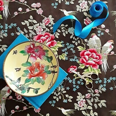 Vintage Yellow Floral Porcelain Bowl with Brass Surround