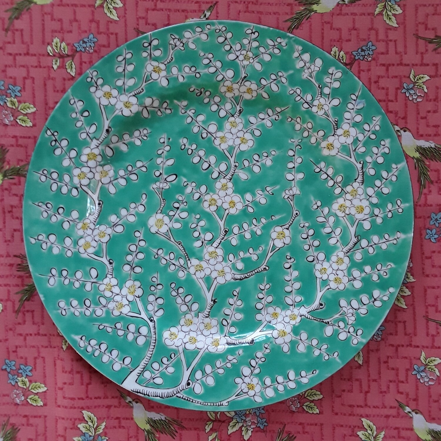 Vintage Green and White Porcelain Cherry Blossom Decorative Plate