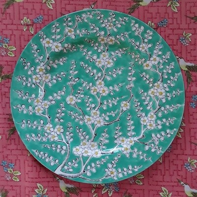 Vintage Green and White Porcelain Cherry Blossom Decorative Plate
