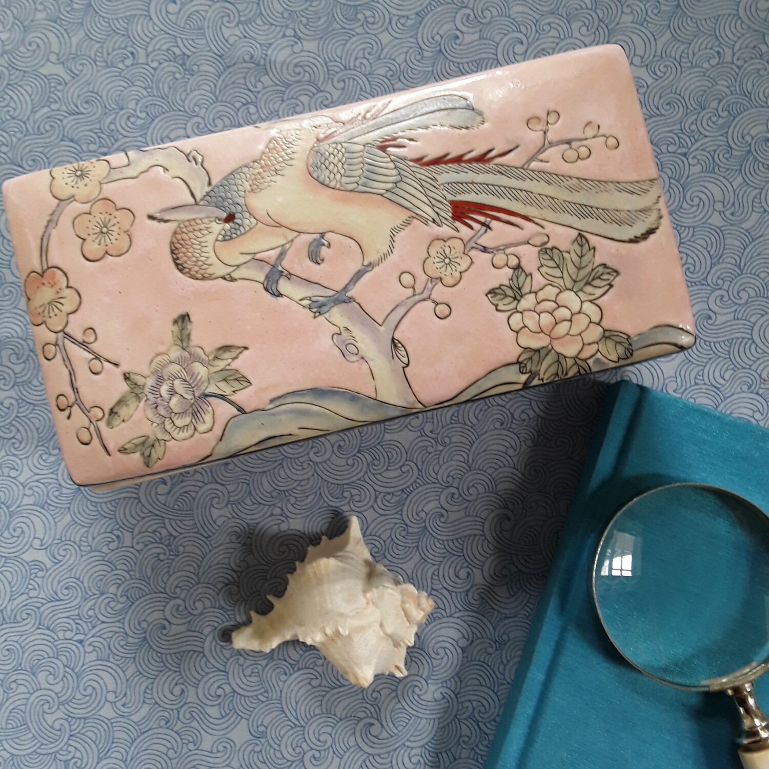 Vintage Hand-Painted Pink Chinese Porcelain Brush Box with Pheasant Motif