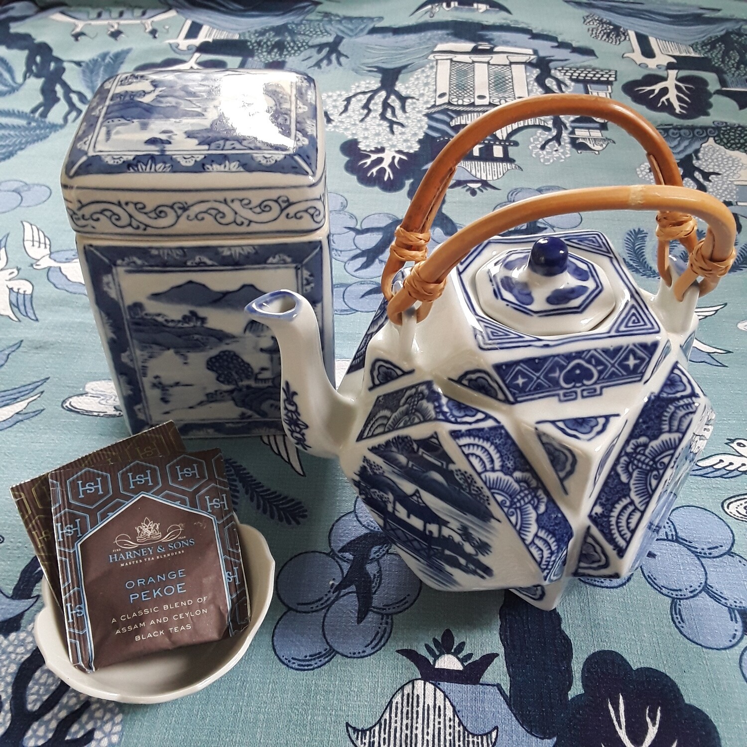 Vintage Blue and White Chinese Porcelain Canton Teapot