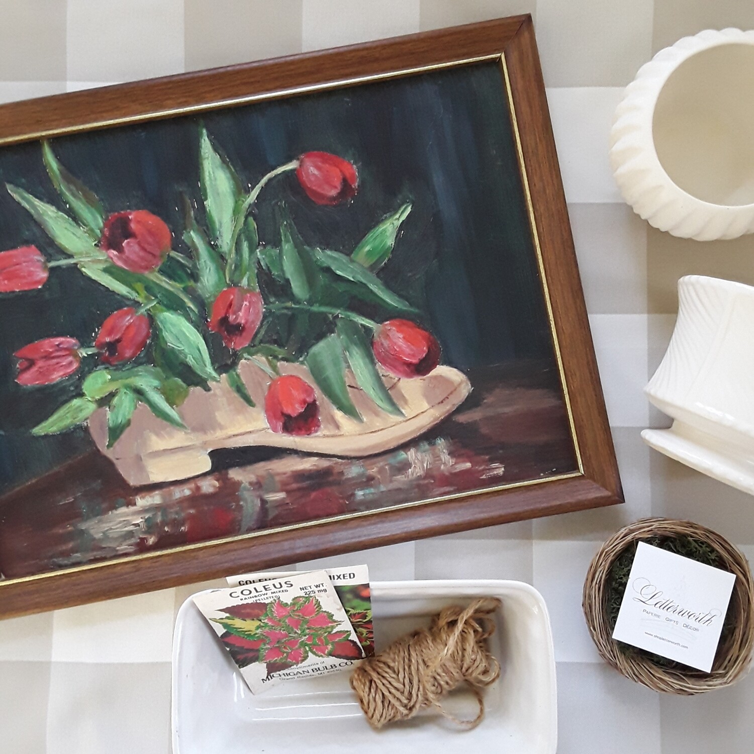 Vintage Original Framed Red Tulip Painting