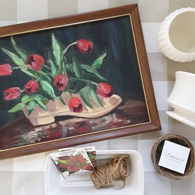 Vintage Original Framed Red Tulip Painting