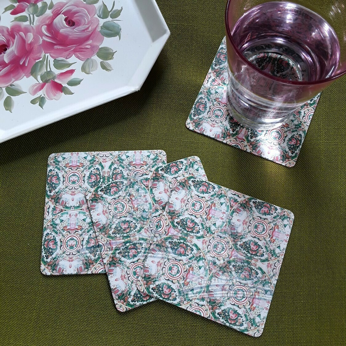 Letterworth Signature Watercolor Rose Medallion Coaster Set