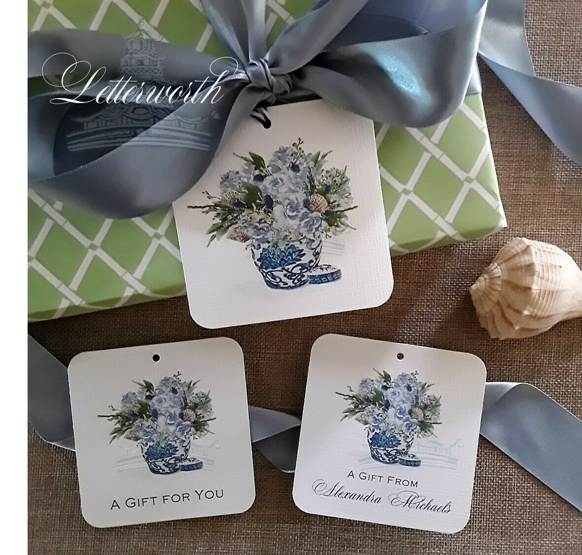 Blue and White Coastal Floral Arrangement Watercolor Gift Tags by Letterworth (Set of 12)
