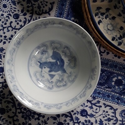 Vintage Blue and White Chinese Porcelain Bowl with Fish Motif