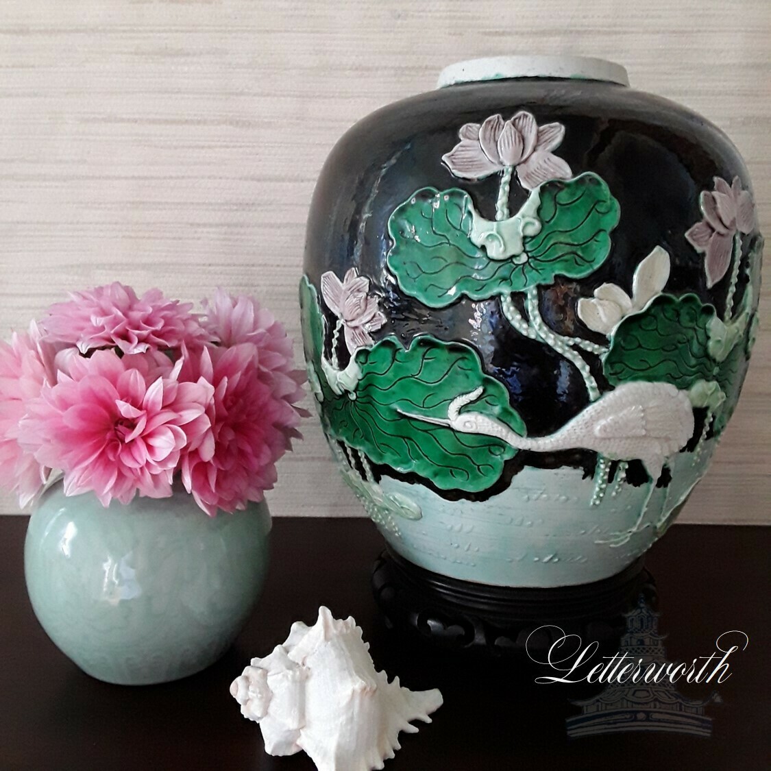 Famille Noire Chinese Porcelain Heron and Lotus Vase with Wooden Display Base