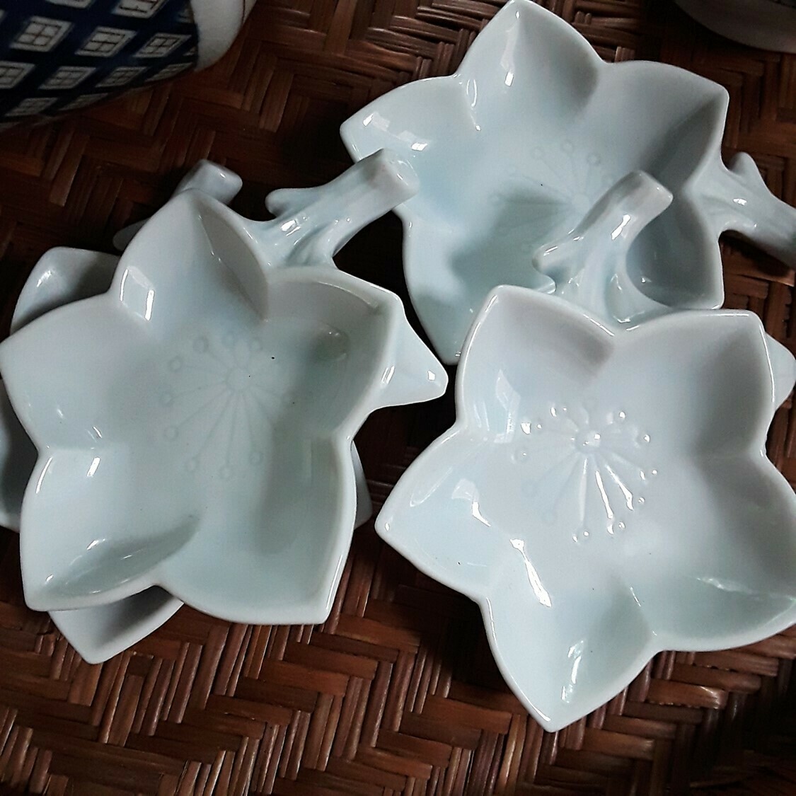 Set of 4 Vintage Pale Blue Porcelain Lotus Flower Dishes