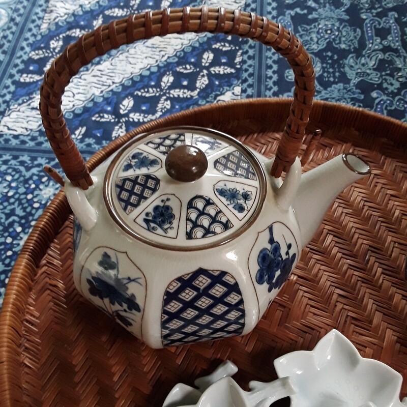 Vintage Blue and White Japanese Porcelain &quot;Four Seasons&quot; Teapot