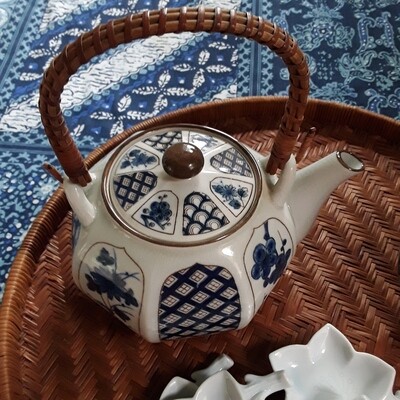Vintage Blue and White Japanese Porcelain "Four Seasons" Teapot