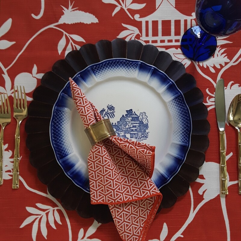 Set of 5 Vintage Orange Geometric Fabric Napkins