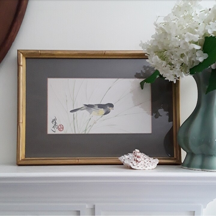 Vintage Signed Asian Bird Watercolor in Faux Bamboo Frame
