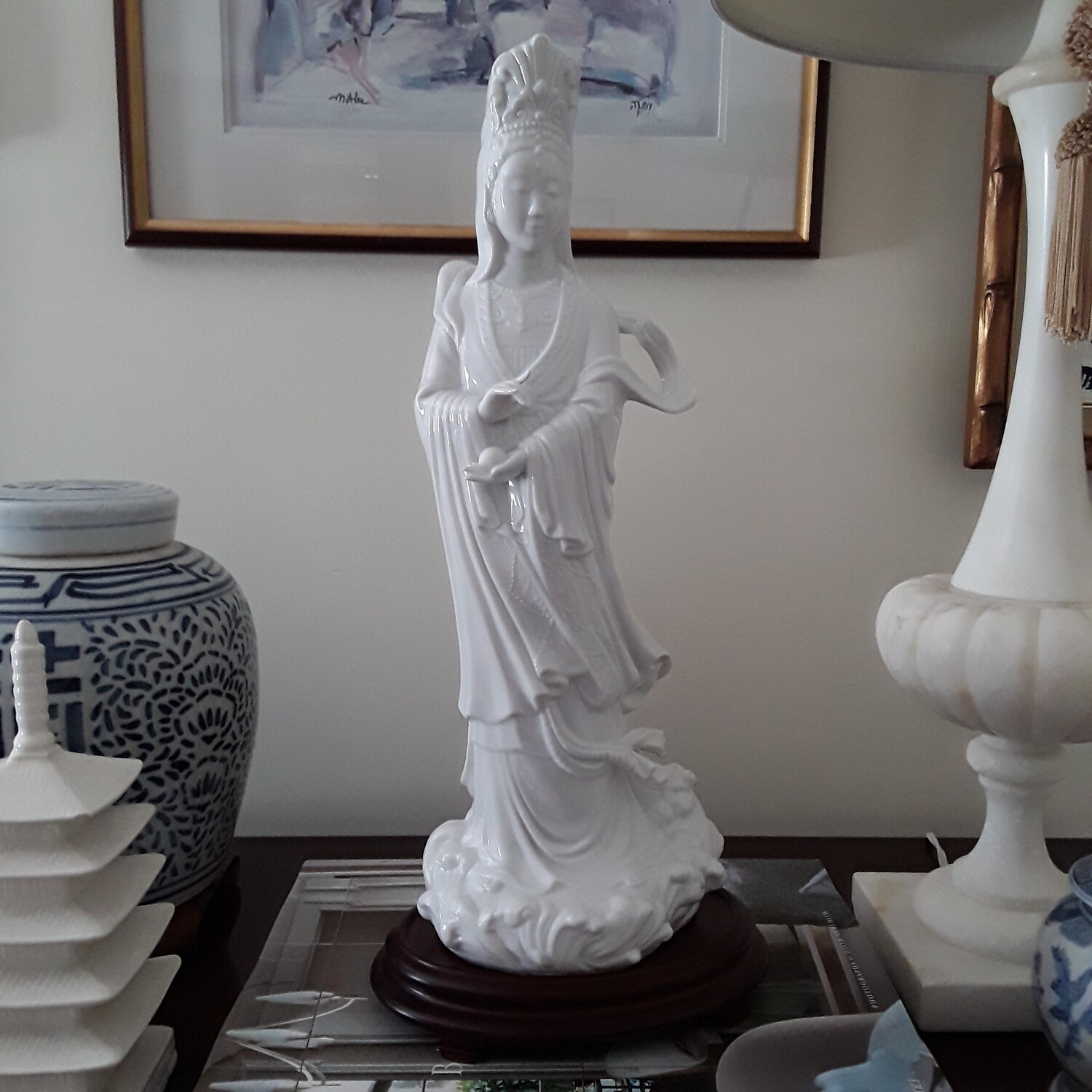 Vintage Kwan Yin Blanc de Chine Style Porcelain Statue with Wood Base