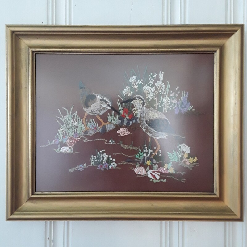 Vintage Embroidered Shorebird Framed Artwork