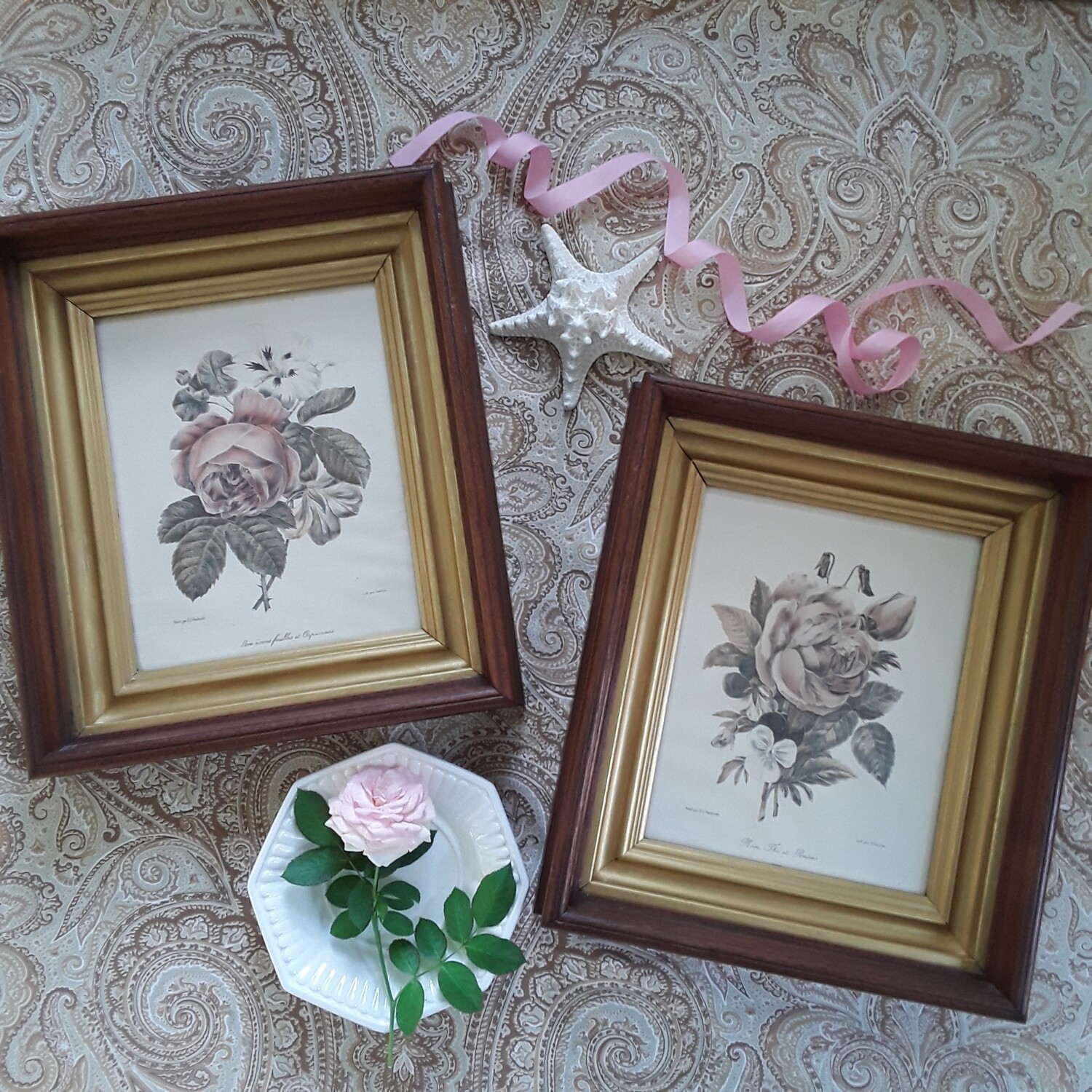 Set of 2 Framed Hand-Colored Pierre-Joseph Redouté Rose Lithographs