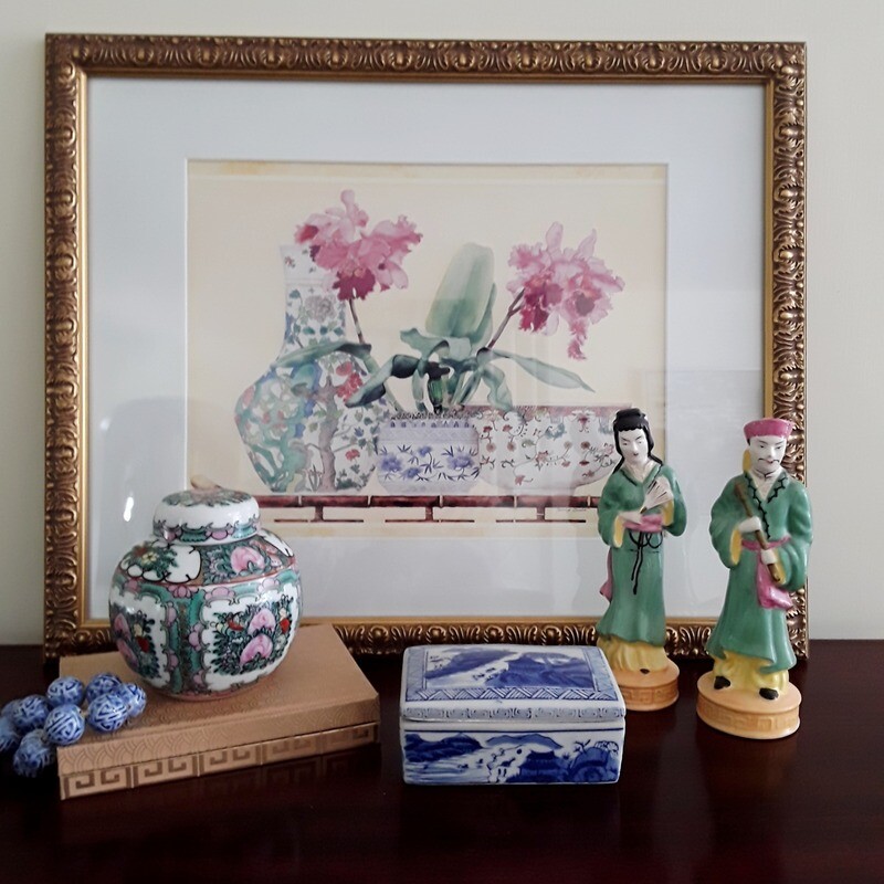 Vintage Framed and Matted Chinoiserie Orchid Still Life Lithograph by Carolyn Bucha