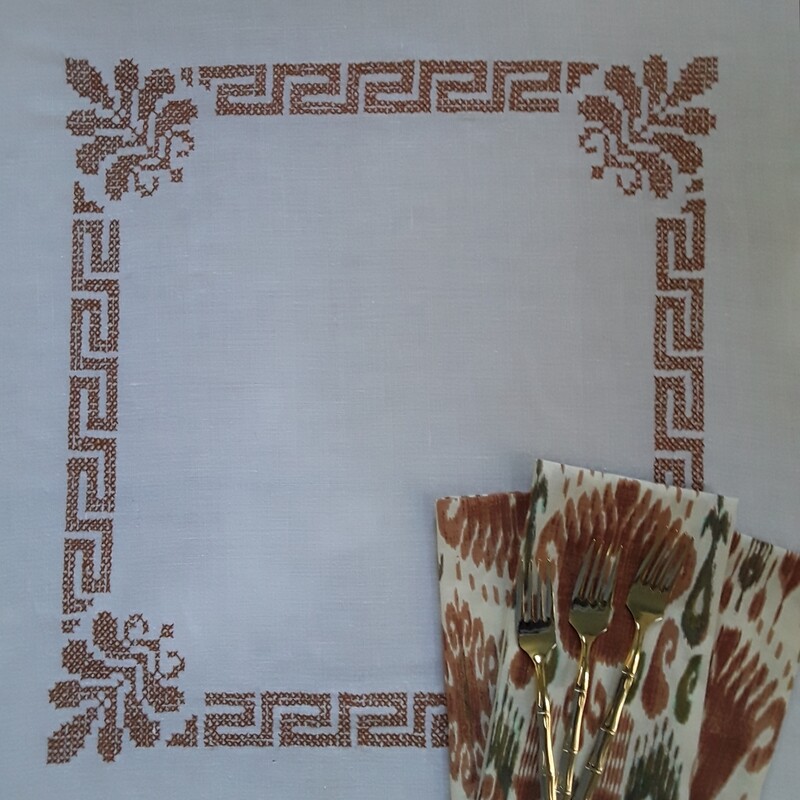 Vintage Handmade Cross-Stitch Greek Key and Leaf Tablecloth