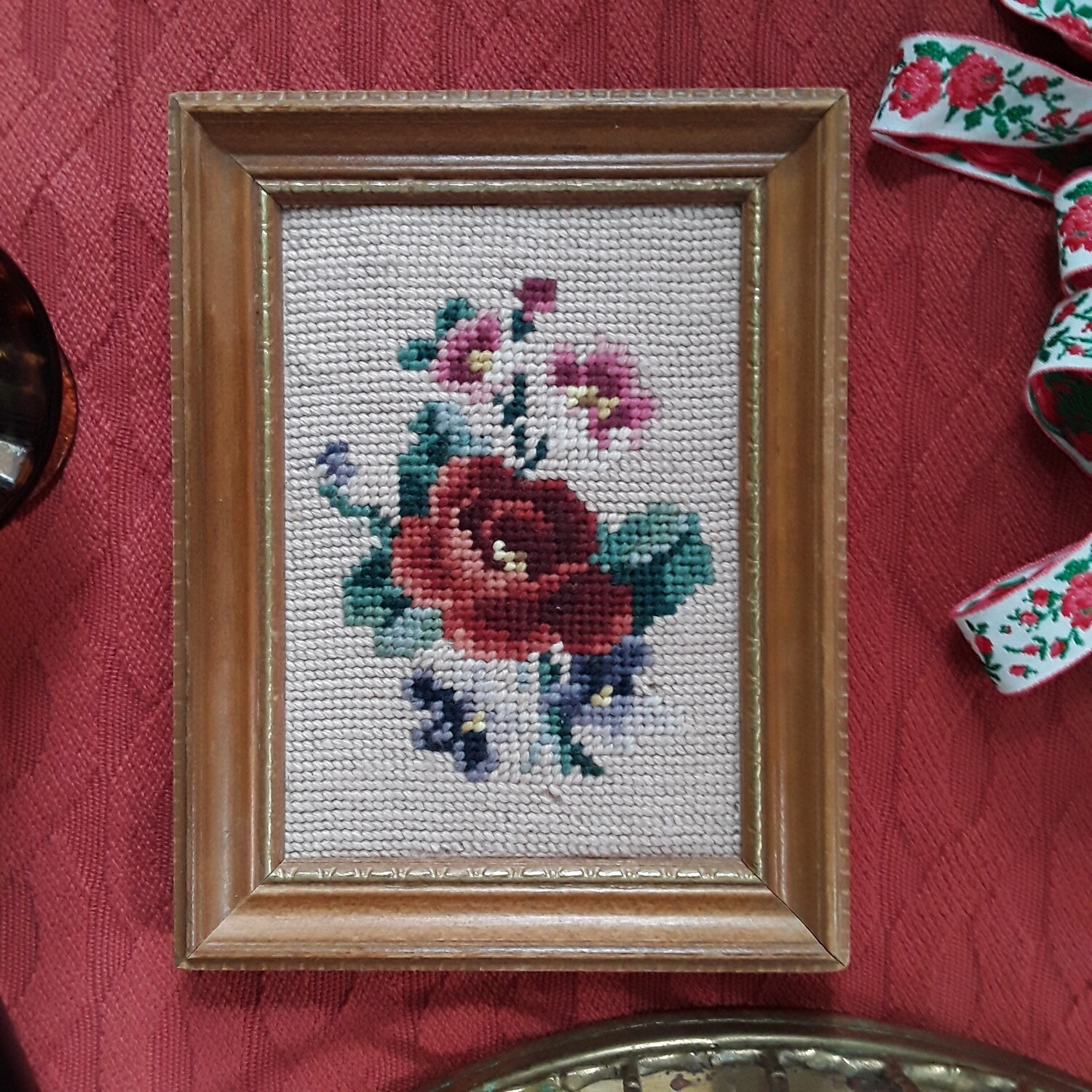 Vintage Framed Rose Needlepoint