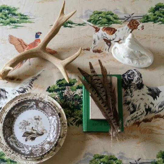 Vintage Mid-Century Riverdale Hunting Barkcloth Fabric Remnant