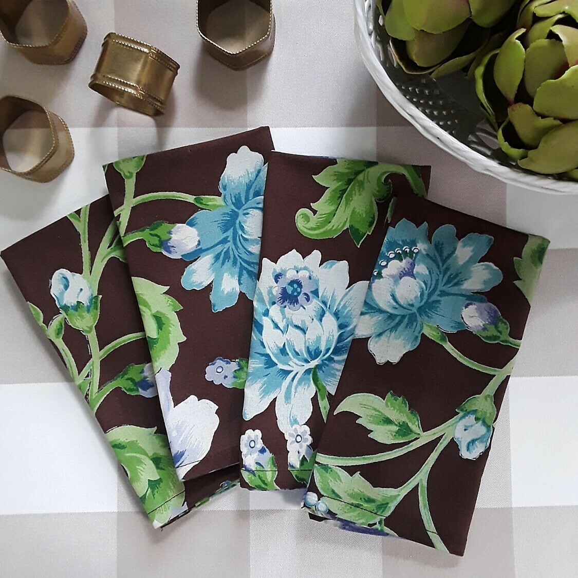 Set of 4 April Cornell Brown Floral Fabric Napkins