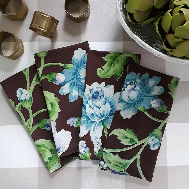 Set of 4 April Cornell Brown Floral Fabric Napkins