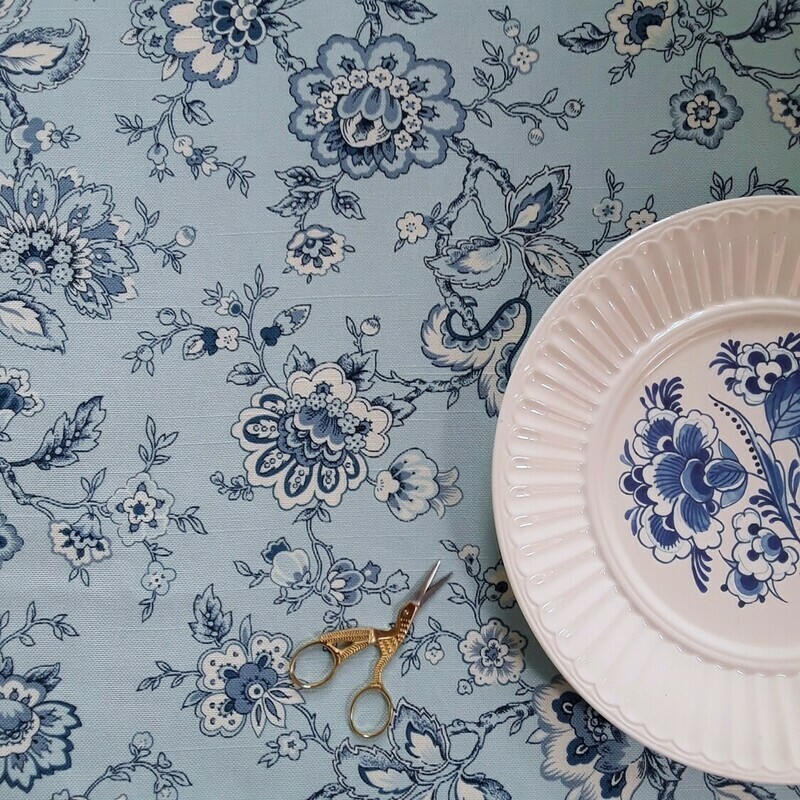 Blue and White Jacobean Floral Fabric by the Yard