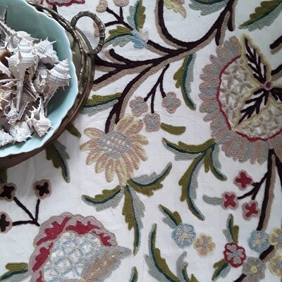 Vintage Crewel Embroidered Fabric Remnant