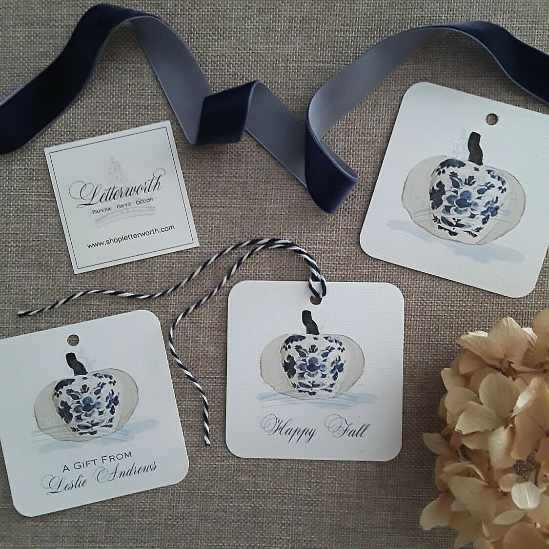 Blue and White Pumpkin Chinoiserie Watercolor Gift Tags by Letterworth (Set of 12)