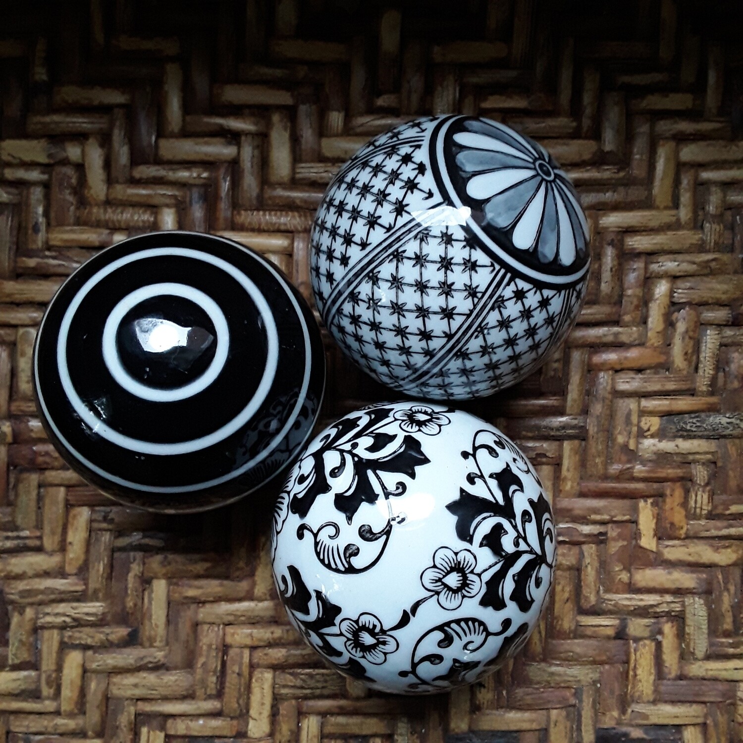 Set of 3 Vintage Black and White Chinese Porcelain Carpet Balls