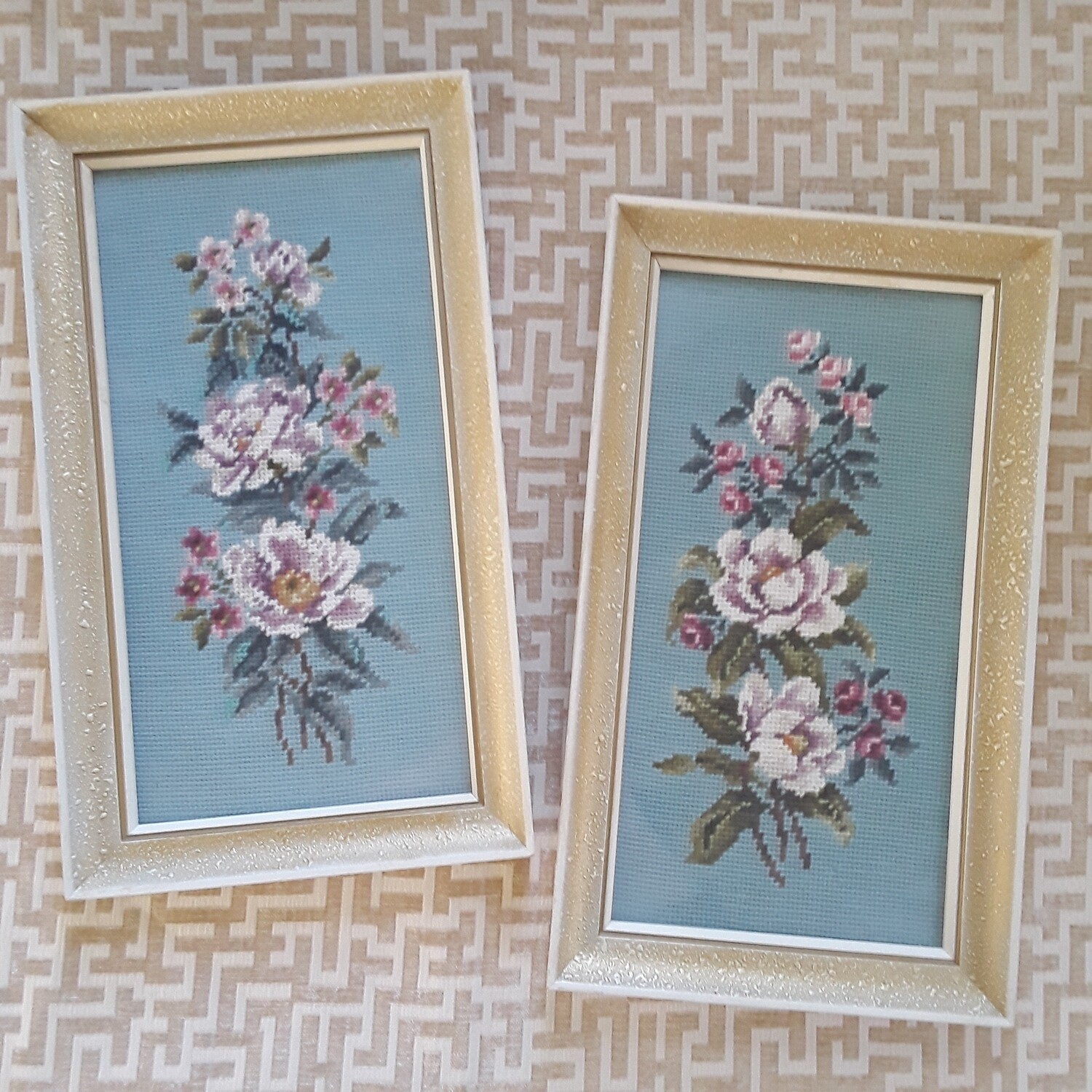 Pair of Framed Vintage Mid-Century Magnolia Floral Needlepoints