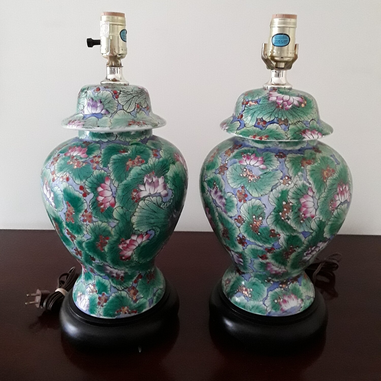 Vintage Green Lotus Blossom Ginger Jar Porcelain Lamps - A Pair