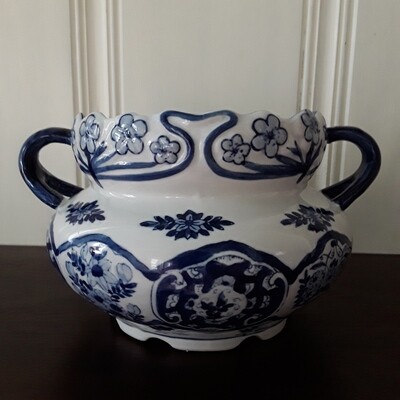 Vintage Blue and White Porcelain Handled Cachepot