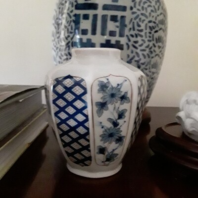 Vintage Blue and White Porcelain "Four Seasons" Japanese Vase