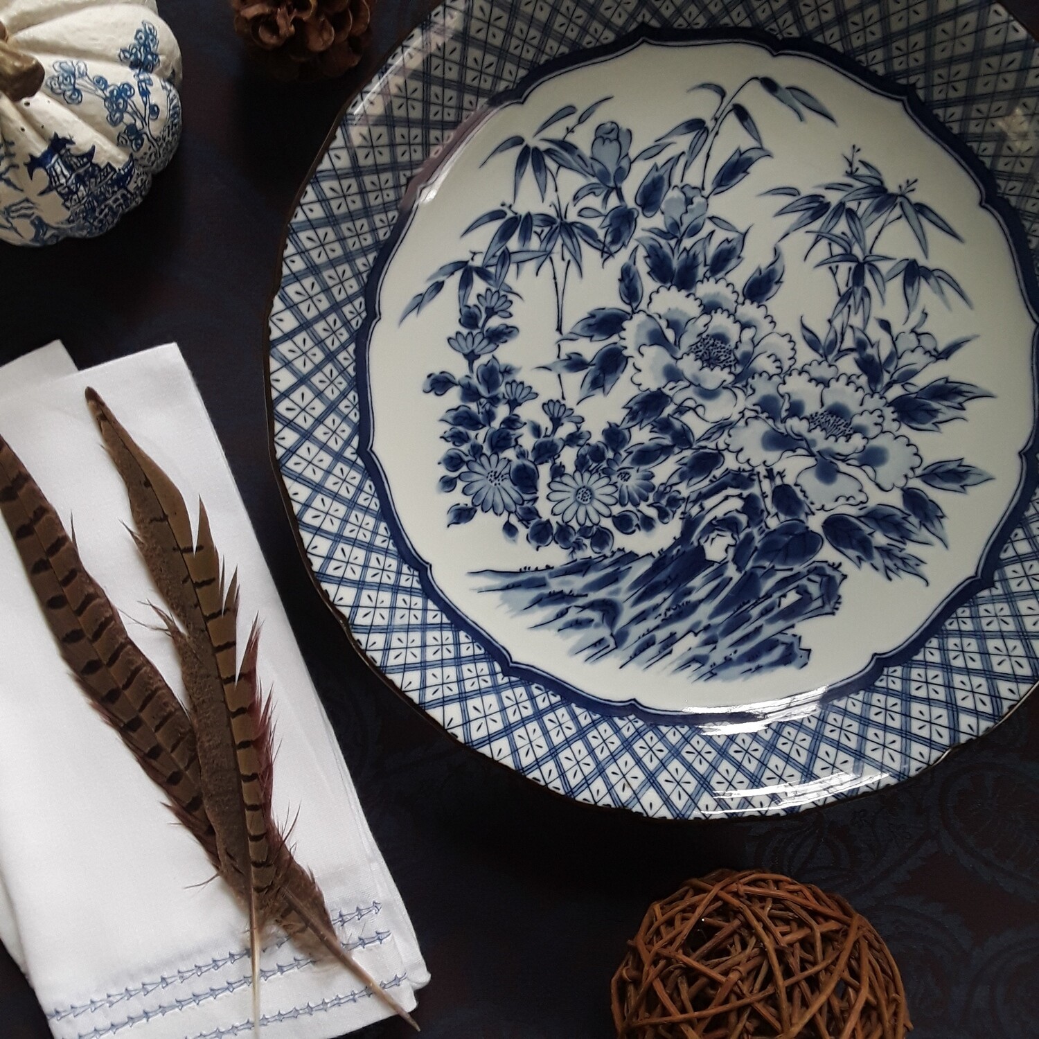 Vintage Blue and White Arita Porcelain Round Serving Platter