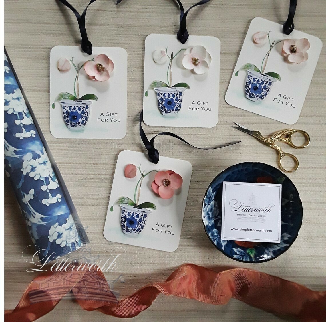 Handcrafted Three-Dimensional Chinoiserie Orchid Gift Tags by Letterworth (Set of 8)