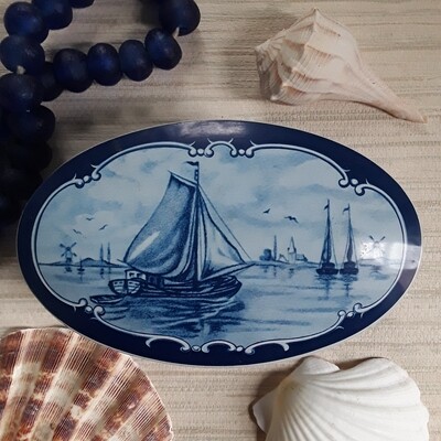 Vintage Blue and White Clipper Ship Oval Tin Box