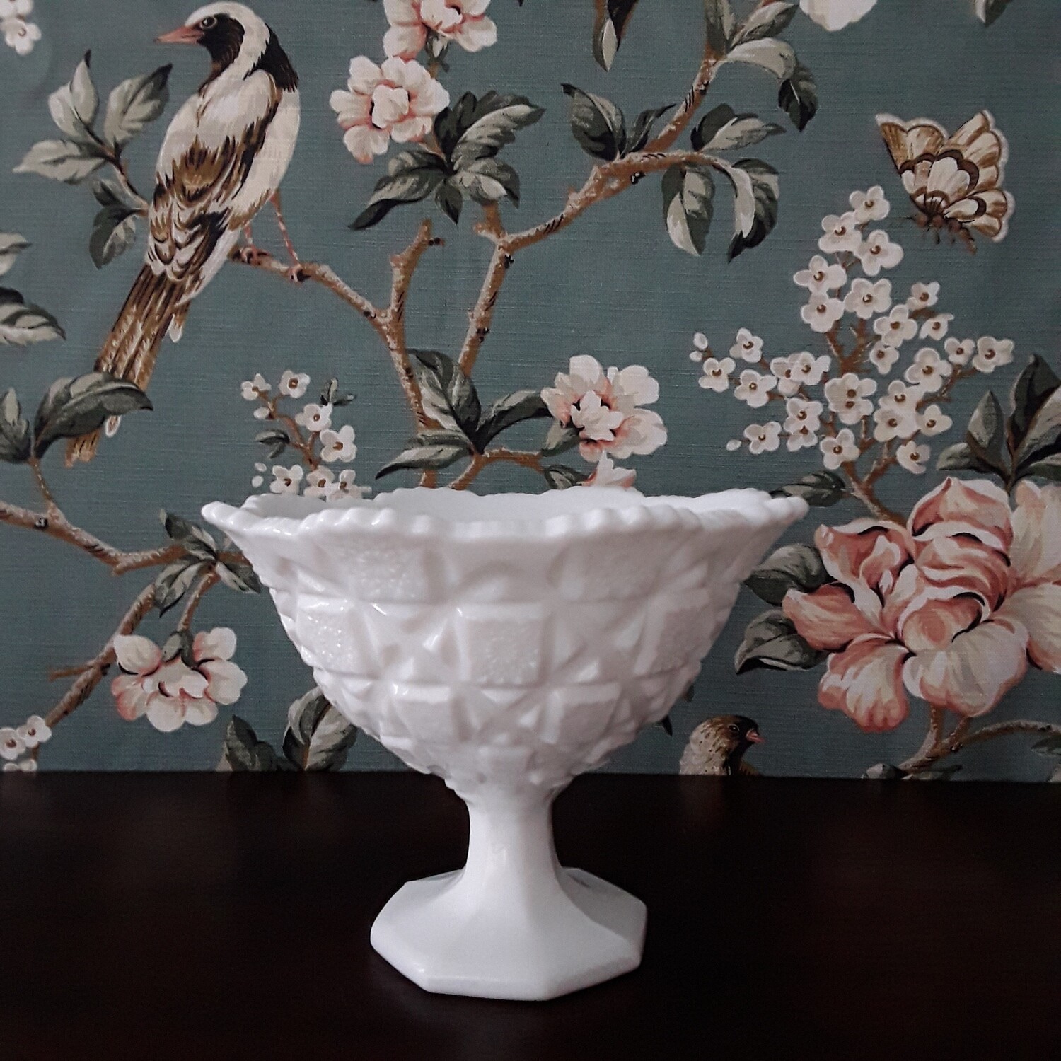 Vintage Westmoreland Old Quilt Milk Glass Compote