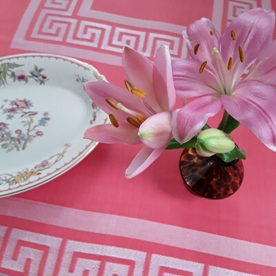 Vintage Rectangular Damask Tablecloth Coral Greek Key
