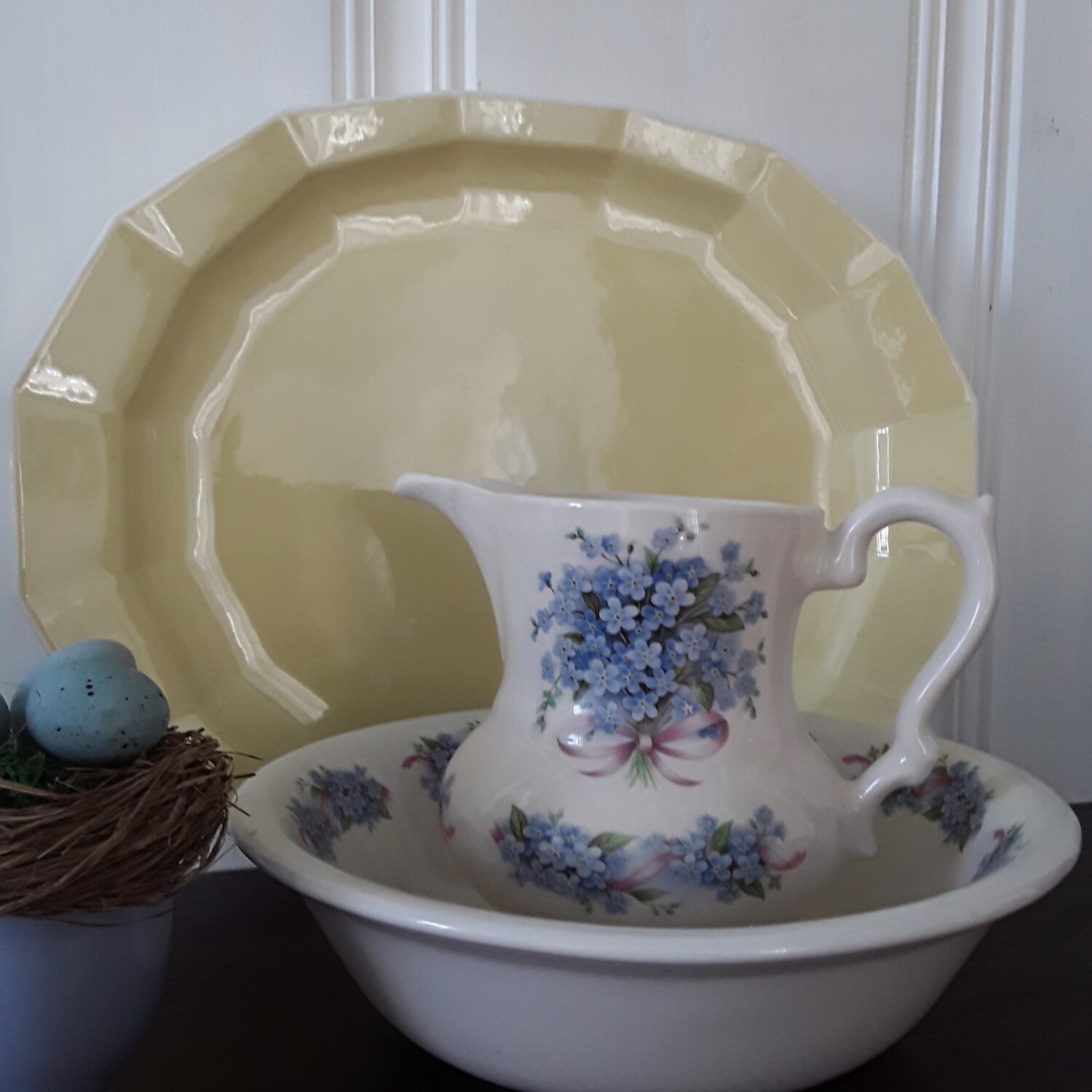 Vintage Empress English Ironstone Forget-Me-Not Pitcher and Bowl