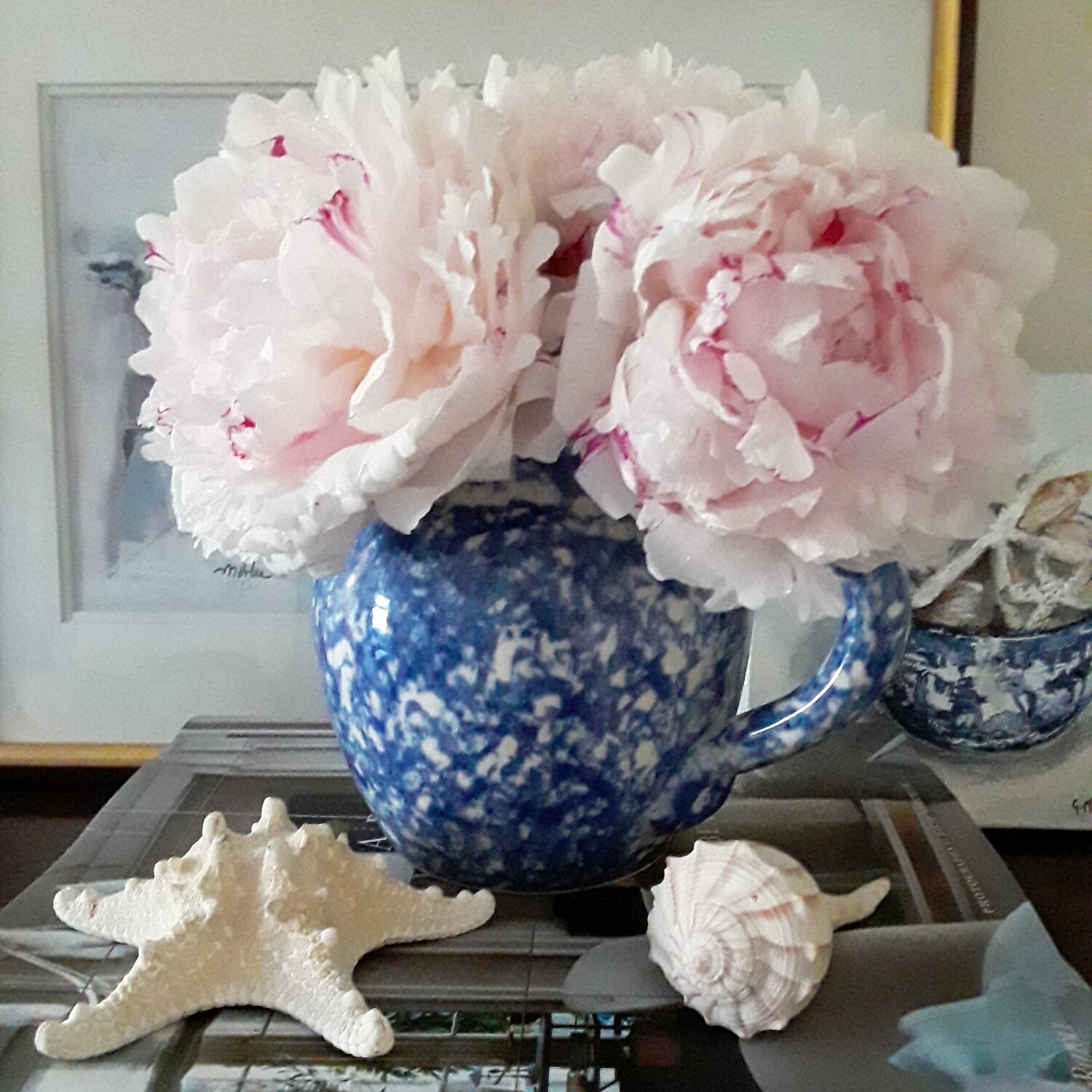 Vintage Blue and White Spongeware Ceramic Pitcher