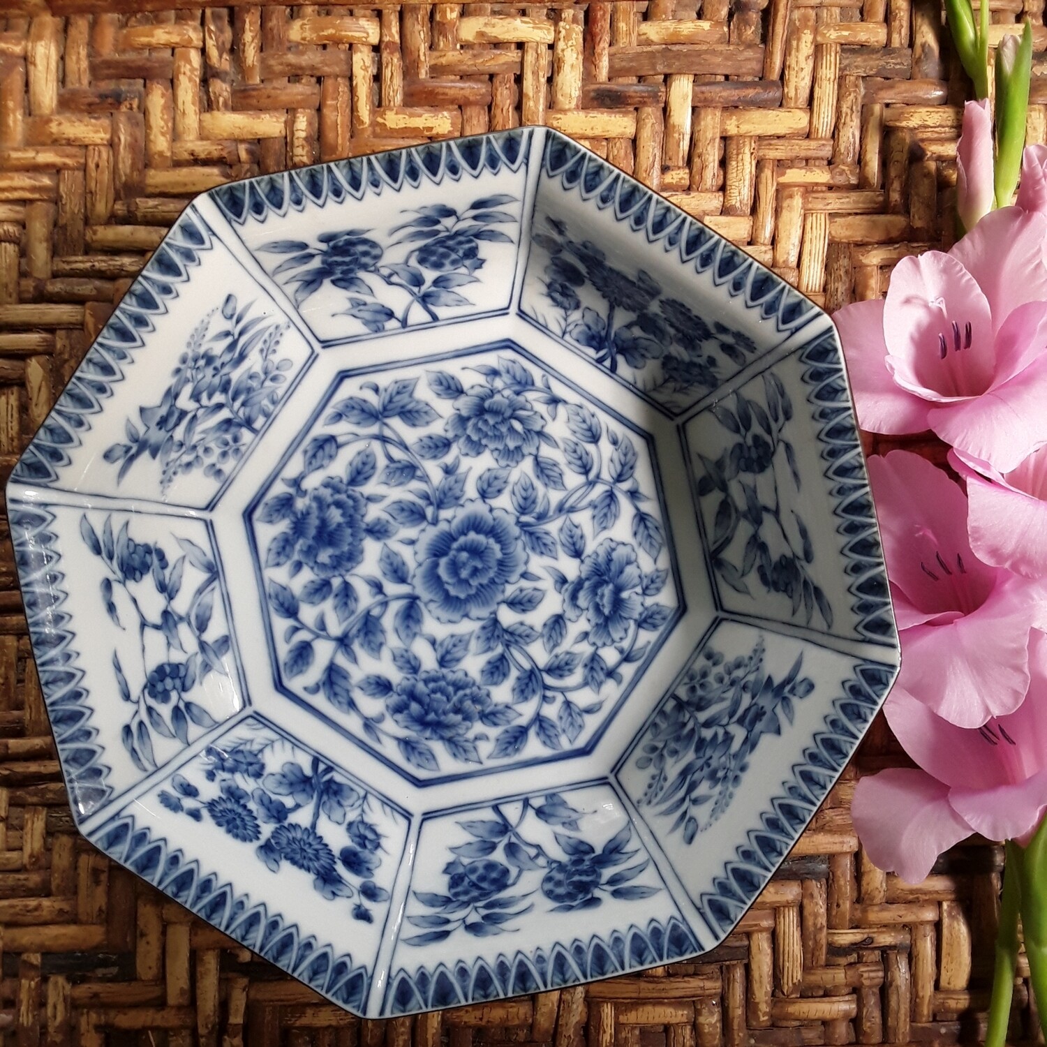 Vintage Blue and White Arita Porcelain Octagonal Bowl