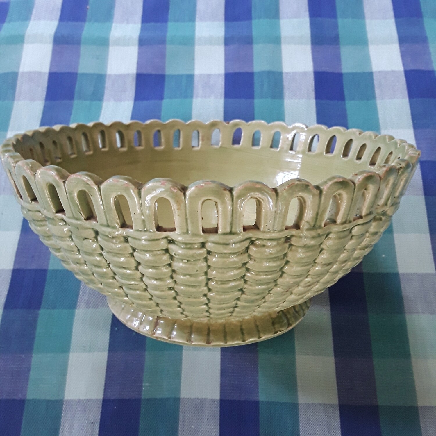 Vintage Green Ceramic Basketweave Bowl Made in Italy