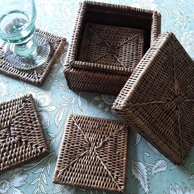 Square Rattan Coasters in Woven Lidded Box (Set of 6)