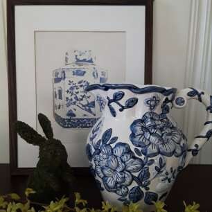 Vintage Blue and White Hand-Painted Ceramic Pitcher