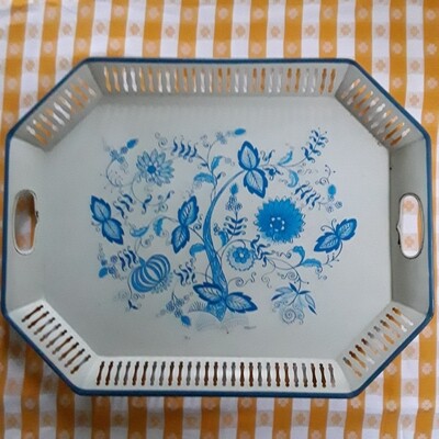 Vintage Blue and White Metal Toleware Tray Signed Maxey